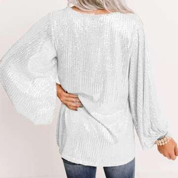 MAYSTEPPE Women Sequin Top Sexy V Neck Balloon Long Sleeve Sequin Shirt Sparkly Glitter Party Tops Blouse for Party Club Silver