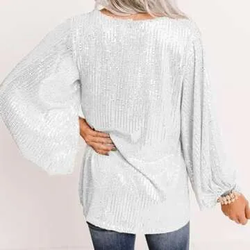 MAYSTEPPE Women Sequin Top Sexy V Neck Balloon Long Sleeve Sequin Shirt Sparkly Glitter Party Tops Blouse for Party Club Silver