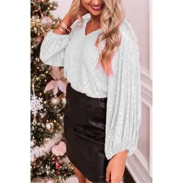 MAYSTEPPE Women Sequin Top Sexy V Neck Balloon Long Sleeve Sequin Shirt Sparkly Glitter Party Tops Blouse for Party Club Silver