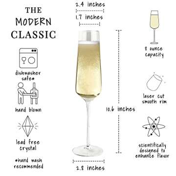 PURE MORA The Emmie Champagne Glasses - Set of 4, 8 oz, Modern Hand Blown Crystal Glass Flutes, for Champagne, Mimosa, Sparkling Wine & Prosecco. Bride and Groom Wedding Gift, Fluted Glassware