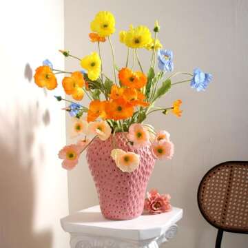 SANFERGE Strawberry Ceramic Flower Vase, Giant Decorative Cute Fruit Ornament Vase for Flower Arrangement, Unique for Modern Vintage Home Kitchen Office Decor Centerpiece, Large Pink