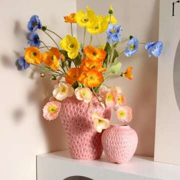 SANFERGE Strawberry Ceramic Flower Vase, Giant Decorative Cute Fruit Ornament Vase for Flower Arrangement, Unique for Modern Vintage Home Kitchen Office Decor Centerpiece, Large Pink