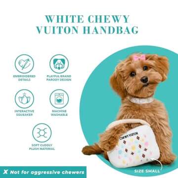 Haute Diggity Dog Chewy Vuiton White Purse, Plush Designer Dog Toys with Interactive Squeaker, Stimulating Pet Enrichment, Machine-Washable & Safe Materials for All Breeds, Size Small