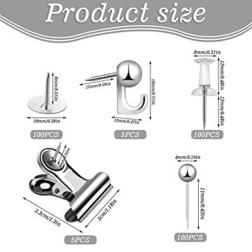 310 Pcs Silver Push Pins Set, Silver Thumb Tacks Flat Push Pins Pushpin Clips Decorative Push Pins Tacks for Cork Board Map Photos Office Home, 5 Styles