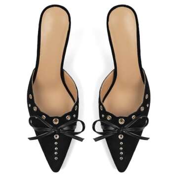DOEYG Studded Heeled Mules for Women Suede Vintage Stiletto Heels Pointy Slip on Bow Tie Pumps Shoes...