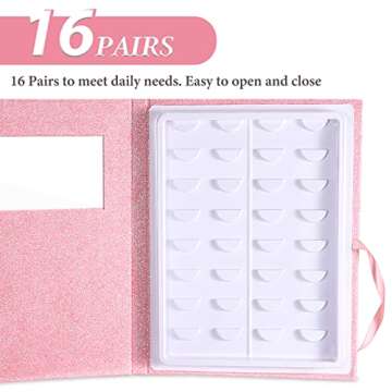 Noverlife 16 Pairs Eyelash Storage Book, Empty False Lash Display Case Portable Makeup Flash Organizer Holder Box, False Eyelash Container Travel Storage Packing Book for Women Girls - Glitter Pink