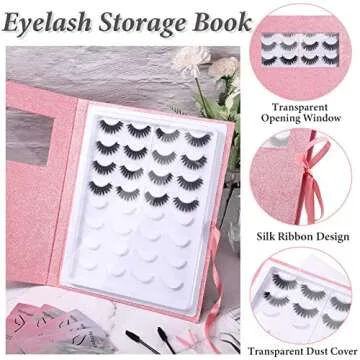 Noverlife 16 Pairs Eyelash Storage Book, Empty False Lash Display Case Portable Makeup Flash Organizer Holder Box, False Eyelash Container Travel Storage Packing Book for Women Girls - Glitter Pink