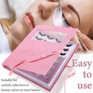 Noverlife 16 Pairs Eyelash Storage Book, Empty False Lash Display Case Portable Makeup Flash Organizer Holder Box, False Eyelash Container Travel Storage Packing Book for Women Girls - Glitter Pink