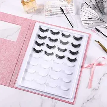 Noverlife 16 Pairs Eyelash Storage Book, Empty False Lash Display Case Portable Makeup Flash Organizer Holder Box, False Eyelash Container Travel Storage Packing Book for Women Girls - Glitter Pink