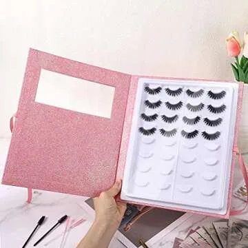 Noverlife 16 Pairs Eyelash Storage Book, Empty False Lash Display Case Portable Makeup Flash Organizer Holder Box, False Eyelash Container Travel Storage Packing Book for Women Girls - Glitter Pink