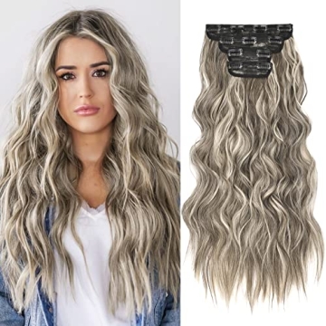 REECHO 4PCS Clip in Hair Extensions - Luxurious Ash Brown with Platinum Blonde Highlights