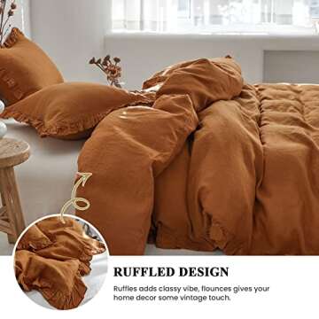 Simple&Opulence 100% Linen Duvet Cover Set, 3 PCS Natural French Flax Rust Ruffle Duvet Cover King S...