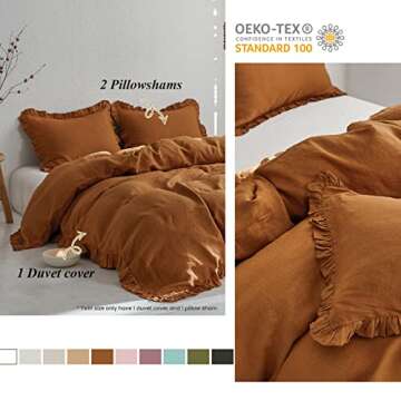 Simple&Opulence 100% Linen Duvet Cover Set, 3 PCS Natural French Flax Rust Ruffle Duvet Cover King Size, Breathable Comfy Linen Bedding Comforter Cover with 2 Pillowcases (Rust, 104"X92")