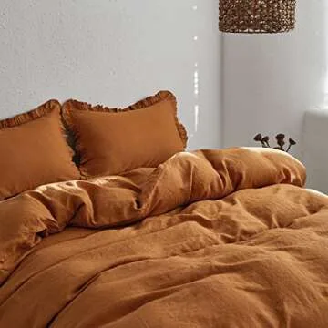 Simple&Opulence 100% Linen Duvet Cover Set, 3 PCS Natural French Flax Rust Ruffle Duvet Cover King Size, Breathable Comfy Linen Bedding Comforter Cover with 2 Pillowcases (Rust, 104"X92")