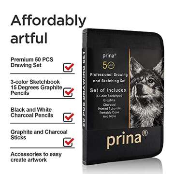 Prina 50 Pack Drawing Kit with 3-Color Sketchbook