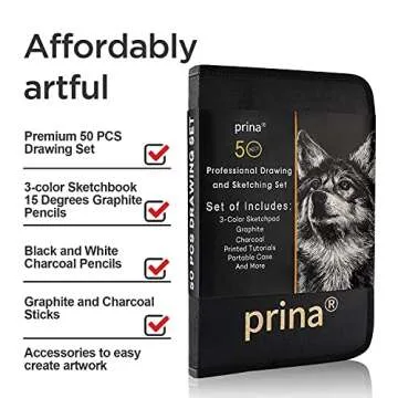 Prina 50 Pack Drawing Kit with 3-Color Sketchbook