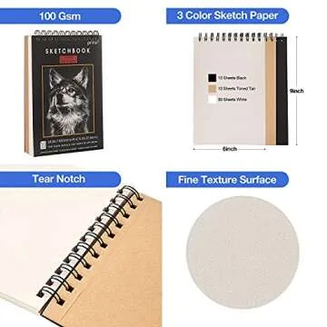 Prina 50 Pack Drawing Kit with 3-Color Sketchbook
