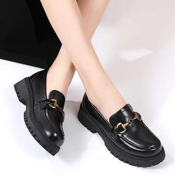 OKJ Black Loafers for Women Chunky Classic Women's Loafers & Slip-ons Fashion Penny Comfort Business Casual Shoes Metal Chain Dressy Office Work Slip on Platform Loafers for Womens Ladies US 8.0