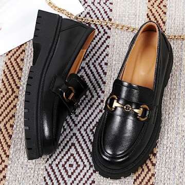 OKJ Black Loafers for Women Chunky Classic Women's Loafers & Slip-ons Fashion Penny Comfort Business Casual Shoes Metal Chain Dressy Office Work Slip on Platform Loafers for Womens Ladies US 8.0