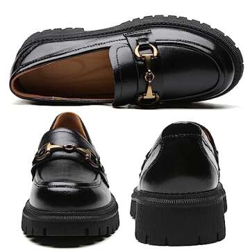 OKJ Black Loafers for Women Chunky Classic Women's Loafers & Slip-ons Fashion Penny Comfort Business Casual Shoes Metal Chain Dressy Office Work Slip on Platform Loafers for Womens Ladies US 8.0