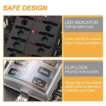 BUNKER INDUST 10-Way Fuse Box Blade Fuse Block Holder with LED Indicator for Blown Fuse Waterpoof Pr...