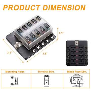 BUNKER INDUST 10-Way Fuse Box Blade Fuse Block Holder with LED Indicator for Blown Fuse Waterpoof Protection Cover for Car Boat Marine Automotive,Include 20Pcs Blade Fuses and 1Pcs DIY Sticker