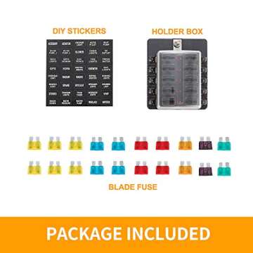 BUNKER INDUST 10-Way Fuse Box Blade Fuse Block Holder with LED Indicator for Blown Fuse Waterpoof Protection Cover for Car Boat Marine Automotive,Include 20Pcs Blade Fuses and 1Pcs DIY Sticker