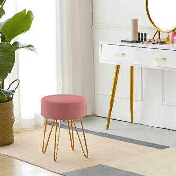 DUHOME Velvet Ottoman, Makeup Vanity Stool, Contemporary Stool, Mongolian Round Metal Stool, Vanity Stool, Furry Ottoman Stool, Modern Accent Stools Pink