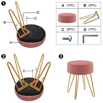 DUHOME Velvet Ottoman, Makeup Vanity Stool, Contemporary Stool, Mongolian Round Metal Stool, Vanity Stool, Furry Ottoman Stool, Modern Accent Stools Pink