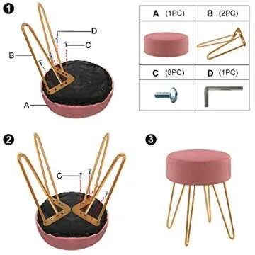 DUHOME Velvet Ottoman, Makeup Vanity Stool, Contemporary Stool, Mongolian Round Metal Stool, Vanity Stool, Furry Ottoman Stool, Modern Accent Stools Pink