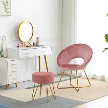 DUHOME Velvet Ottoman, Makeup Vanity Stool, Contemporary Stool, Mongolian Round Metal Stool, Vanity Stool, Furry Ottoman Stool, Modern Accent Stools Pink