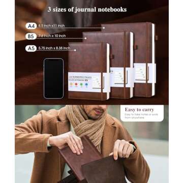 Lined Leather Journal Notebook for Men Women, Hardcover Journals with 256 Numbered Pages, A5 Journaling Notebooks for Writing, 100GSM Thick Ruled Paper for Business Work School 5.75"×8.38", Brown