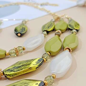 Bocar 3 Layer Beads Statement Necklace Earring for Women Jewelry Set (NK-10077-army Green)