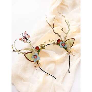 WOVOWOVO Deer Antlers Headbands for Women Girls Christmas Christmas Costume Hair Accessories Antler Flower Crown Fairy Headpiece for Festivals Party Photo Prop