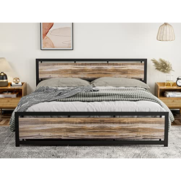 IKIFLY King Size Bed Frame with Wooden Headboard Footboard, Farmhouse Metal King Platform Bed with H...