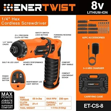 ENERTWIST Cordless Screwdriver with 82-Piece Kit and LED Light