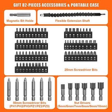 ENERTWIST Cordless Screwdriver with 82-Piece Kit and LED Light
