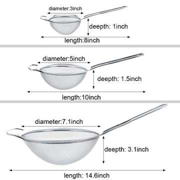 Jnnzzggu Fine Mesh Strainer,Set of 3 Stainless Steel Colander Wire Sieve Sifters with Long Handle for Tea,Flour,Pasta,Rice,Food,Kitchen,Oil (3+5+7.1)
