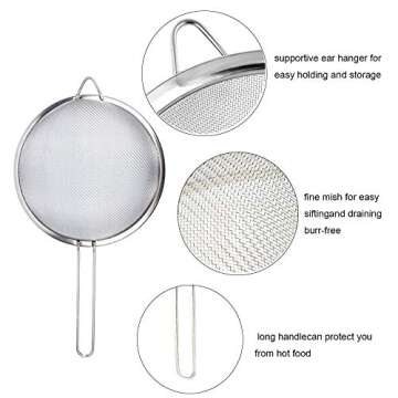 Jnnzzggu Fine Mesh Strainer,Set of 3 Stainless Steel Colander Wire Sieve Sifters with Long Handle for Tea,Flour,Pasta,Rice,Food,Kitchen,Oil (3+5+7.1)