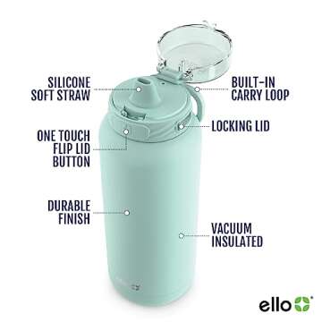Ello Cooper 32oz Stainless Steel Water Bottle with Straw and Carry Handle, Double Walled and Vacuum Insulated Metal, Leak Proof Locking Lid with Soft Silicone Spout, Reusable, BPA Free, Yucca