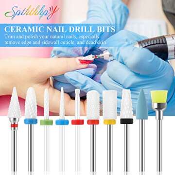 SPTHTHHPY 10Pcs Ceramic Nail Drill Bits Set Professional Remove Gel Acrylic Cuticle Diamond Carbide Nail Drill Bit Tools for Manicure Pedicure Home Salon Use Great Gift for Women Girls