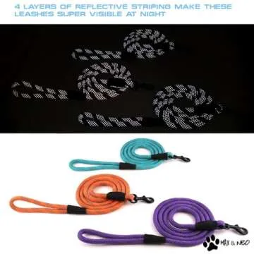 Max and Neo Rope Leash Reflective 6 Foot - We Donate a Leash to a Dog Rescue for Every Leash Sold (Black, 6 FT x 1/2")