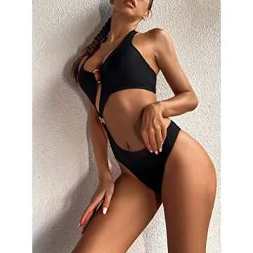 Hilinker Women's O-Ring Cutout Halter One Piece Swimsuit High Cut Bathing Suit Black Small