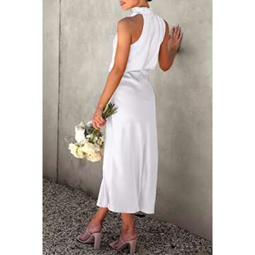 PRETTYGARDEN Women's 2025 Summer Satin Dress Elegant Sleeveless Mock Neck Cocktail Party Maxi Dresses (White,Medium)