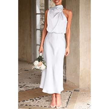 PRETTYGARDEN Women's 2025 Summer Satin Dress Elegant Sleeveless Mock Neck Cocktail Party Maxi Dresses (White,Medium)
