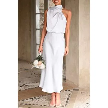 PRETTYGARDEN Women's 2025 Summer Satin Dress Elegant Sleeveless Mock Neck Cocktail Party Maxi Dresses (White,Medium)