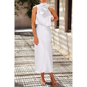 PRETTYGARDEN Women's 2025 Summer Satin Dress Elegant Sleeveless Mock Neck Cocktail Party Maxi Dresses (White,Medium)