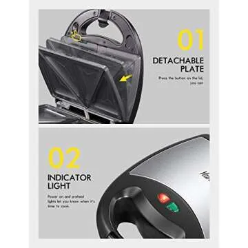 Sandwich Maker 3 in 1, Waffle Make with Removable Plate, Electric Panini Press Grill, Sandwich Toaster with Detachable Non-stick Coating, LED Indicator Lights, Cool Touch Handle, Black