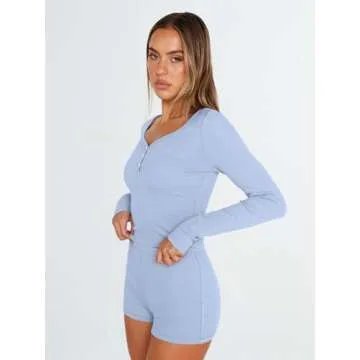 Trendy Queen Womens Lounge Sets Two Piece Pajamas Set 2 Piece Sleepwear Tracksuit Outfits Cute Ribbed Knit Shorts and Long Sleeve Top Spring Fashion Summer Vacation Workout Clothes 2024