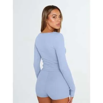 Trendy Queen Womens Lounge Sets Two Piece Pajamas Set 2 Piece Sleepwear Tracksuit Outfits Cute Ribbed Knit Shorts and Long Sleeve Top Spring Fashion Summer Vacation Workout Clothes 2024